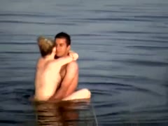 Kinky likewise pale dilettante blonde GF of my buddy copulates with him in the river 